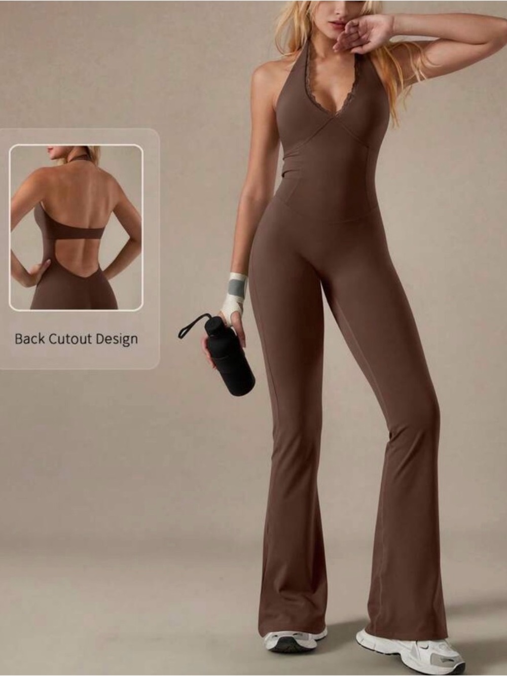 Universal Brown Halter Jumpsuit with Flared Legs